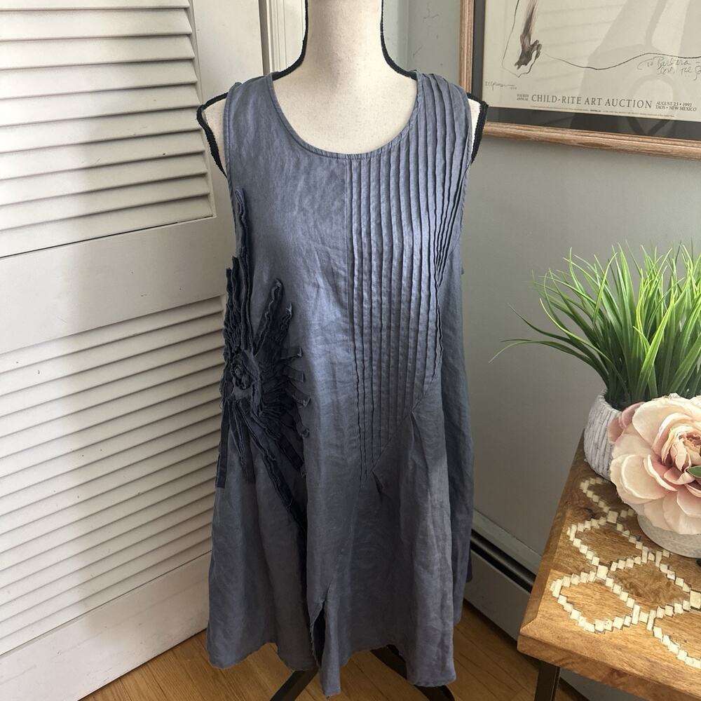 Peacock Ways Dress Large Blue Linen Shift Embroidered Artsy Minimalist Lagenlook